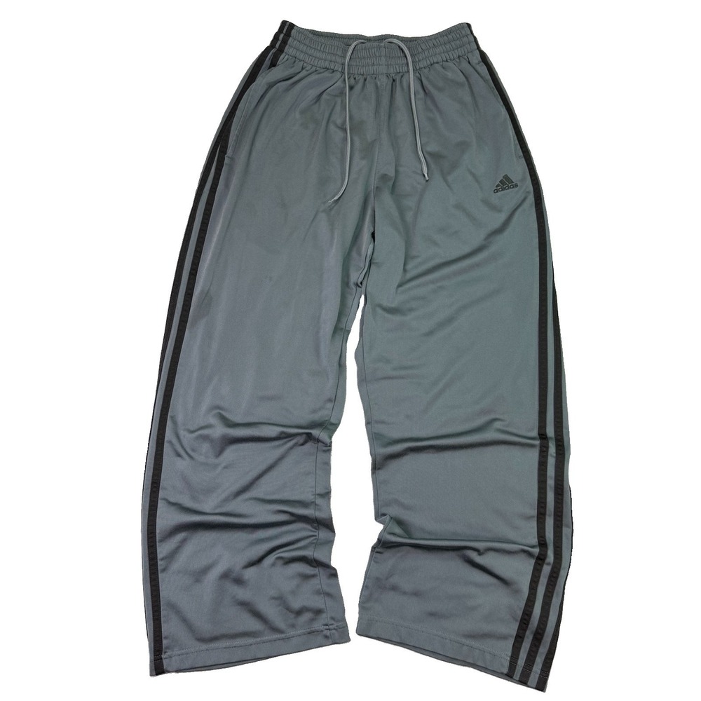 Y2K Adidas Grey Black Three Stripe Track Pants Drawstring Baggy Wide-Leg Mens S